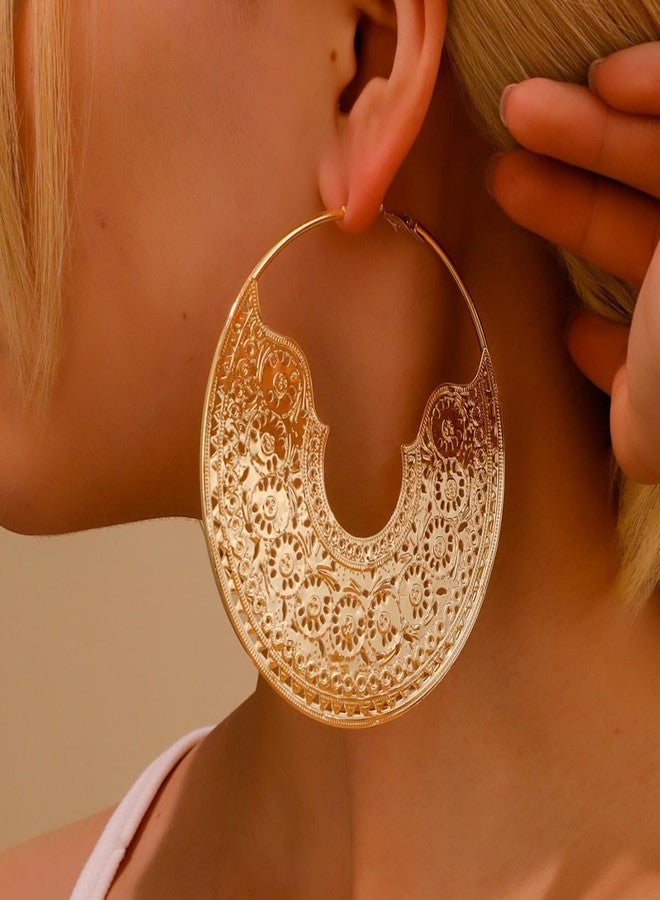 IS4U Chunky Metal Hoop Earrings Vintage Bohemian Textured Statement Earrings Gold Silver Oversized Polished Hollow Metal Circle Hoop Trendy 90s Geometric Round Dangle Drop Earrings Birthday Party Dress Christmas Jewelry for Women (Gold) - Image 4